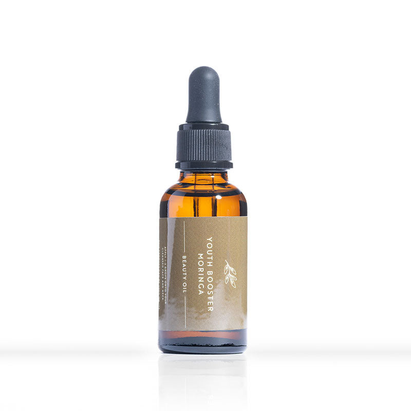 Youth Booster Moringa Oil amber glass bottle with dropper, hydrating skin oil blend with argan and rosehip oils