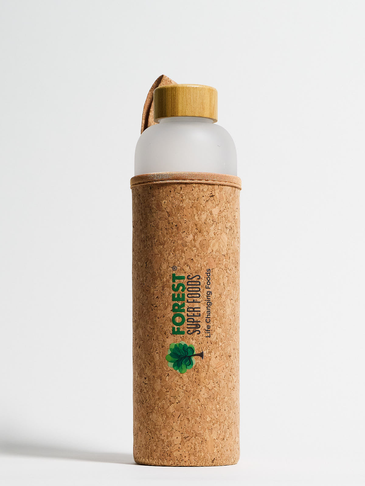Borosilicate Glass Drinking Bottle encased in a cork sleeve with bamboo lid showcasing Forest Super Foods logo