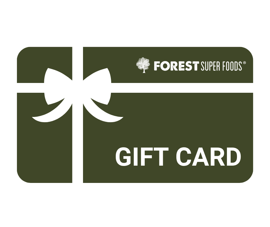 Forest Super Foods Super Foods Gift Card design with white bow on dark green background for wellness gifting