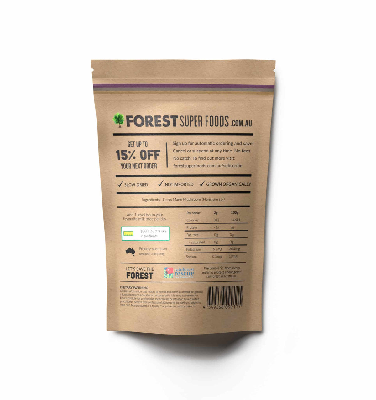 Back of Fruiting Body Lions Mane Mushroom Capsules pouch with ingredients, nutrition facts, and Forest Super Foods branding