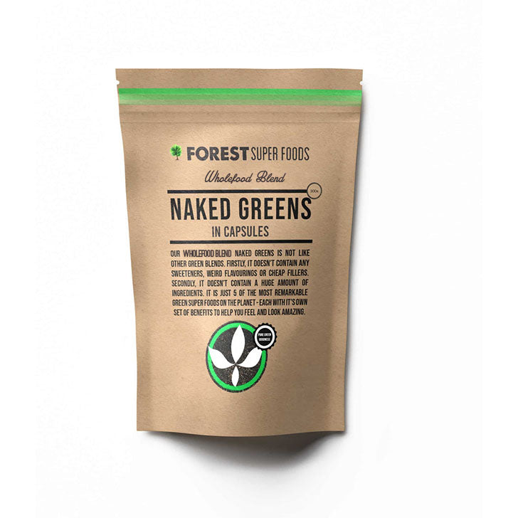 Naked Greens Capsules pouch from Forest Super Foods with five potent organic green superfoods and no fillers or additives