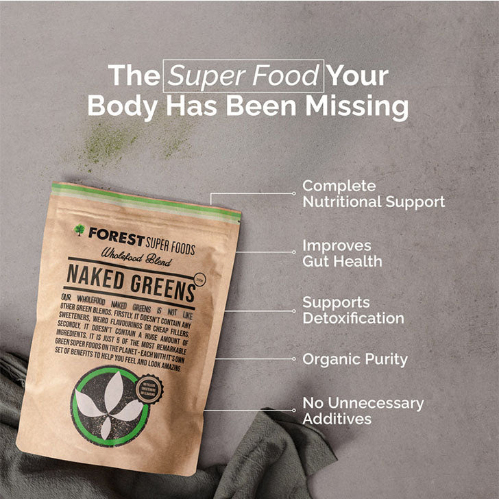 Naked Greens Whole Multivitamin Powder by Forest Super Foods with gut health, detox support, and organic purity benefits