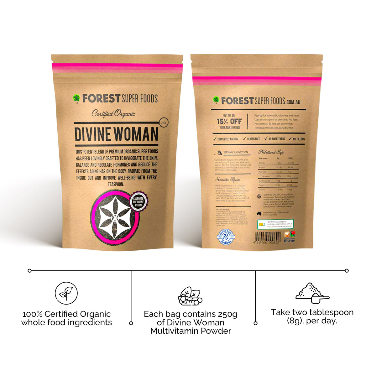 Front and back view of Divine Woman Multivitamin Powder packaging highlighting organic whole food ingredients and usage instructions