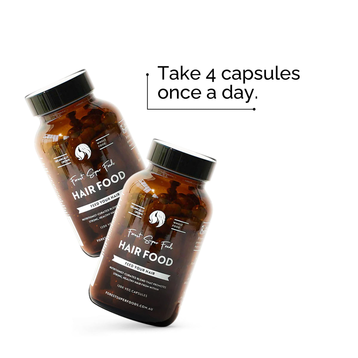Hair Food bottles by Forest Super Foods with 120 capsules supporting hair strength and scalp nourishment daily dose instructions