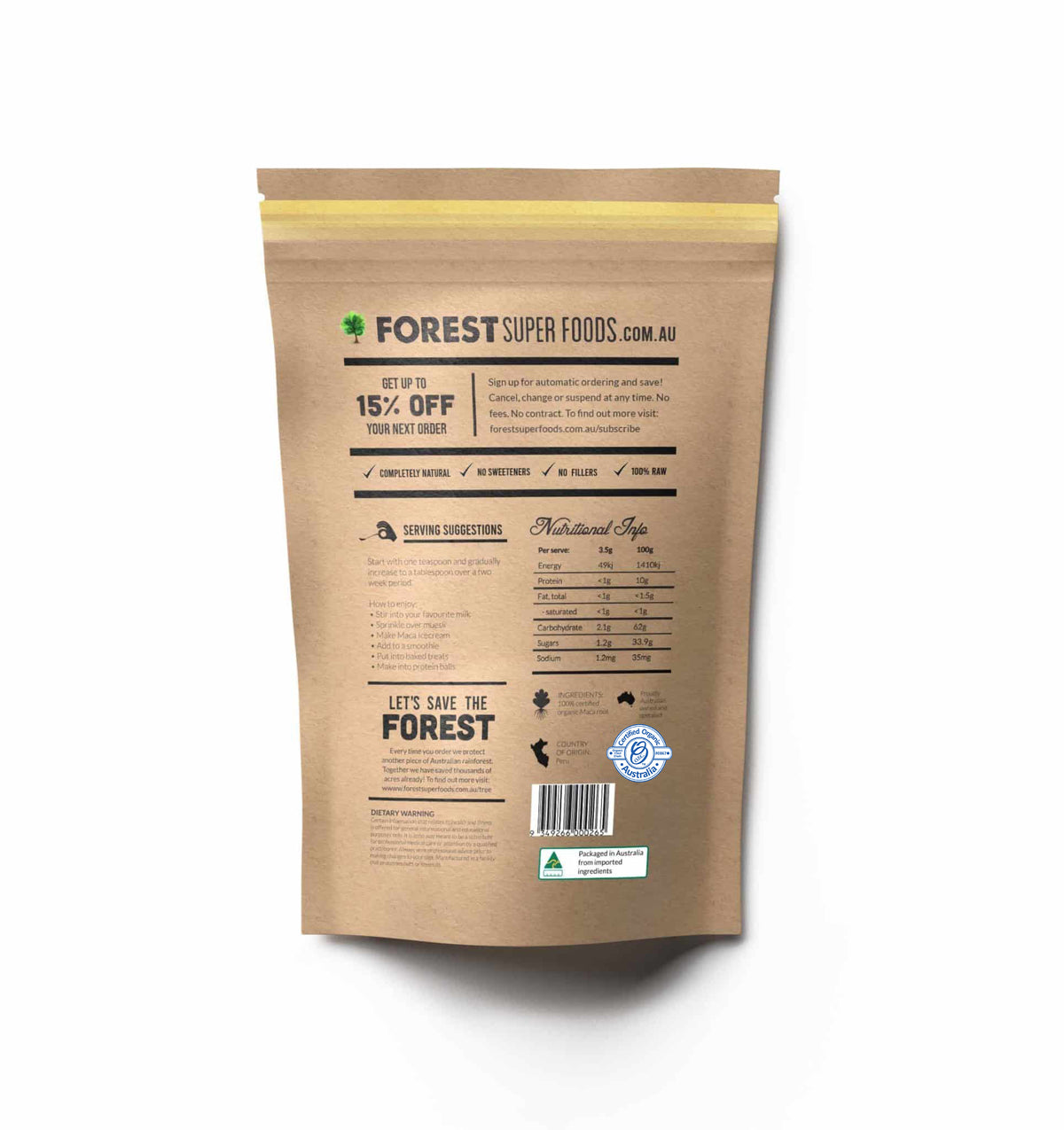 Back packaging of Yellow Maca Root showing nutritional facts, serving suggestions, and Australian organic certification details