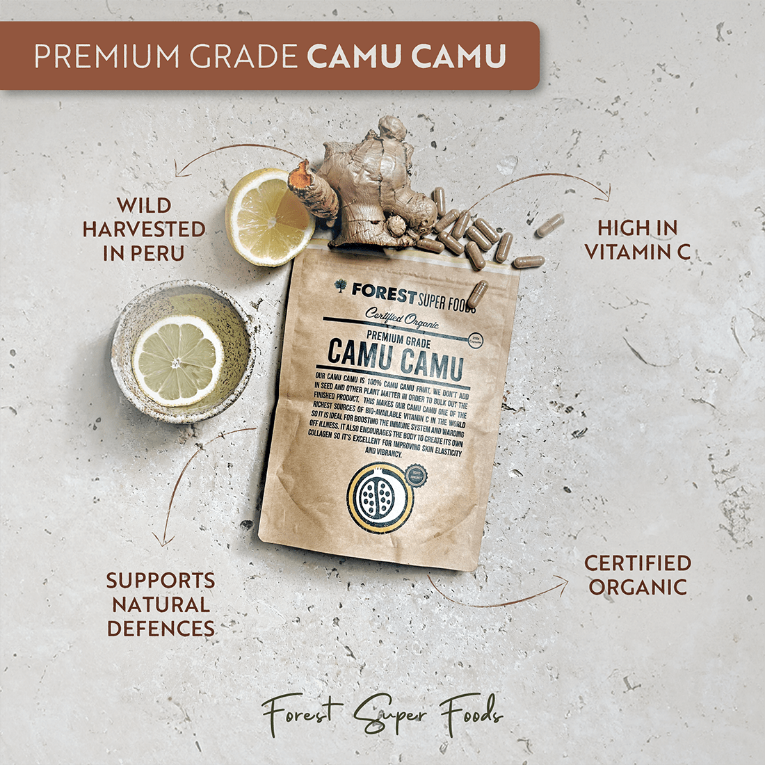 Certified Organic Camu Camu Berry Powder pouch with wild harvested Vitamin C for immune support and skin collagen benefits