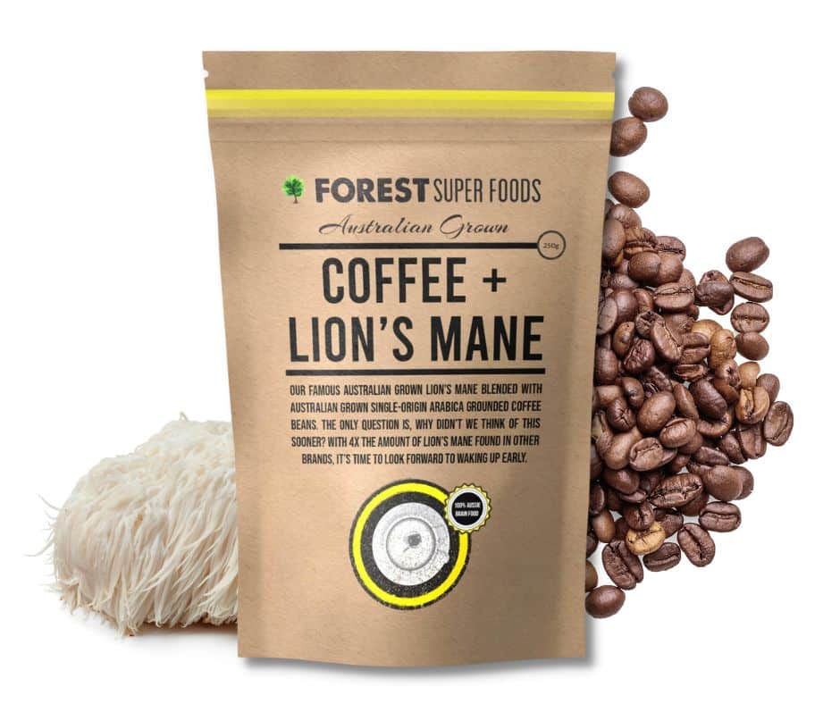 Australian Coffee + Lions Mane Mushroom kraft pouch with fresh coffee beans and lion’s mane mushroom by Forest Super Foods