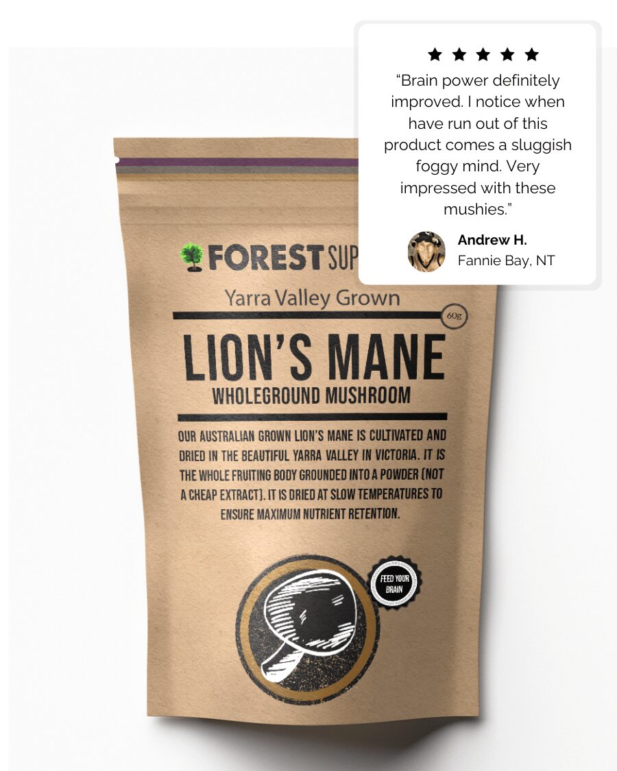Fruiting Body Lions Mane Mushroom Capsules pouch with whole ground Australian grown adaptogenic mushroom powder by Forest Super Foods